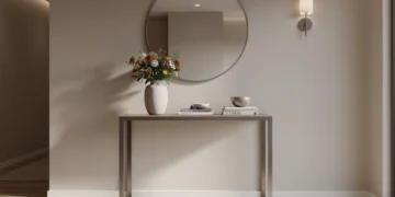 Modern entryway with console table, mirror, rug, and warm lighting.