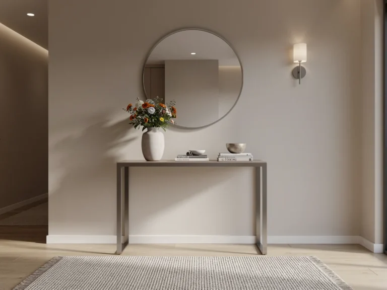 Modern entryway with console table, mirror, rug, and warm lighting.