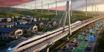Modern infrastructure projects illustrating the impact of the 2026 Infrastructure Bill, including high-speed rail, wind farms, and advanced highways.