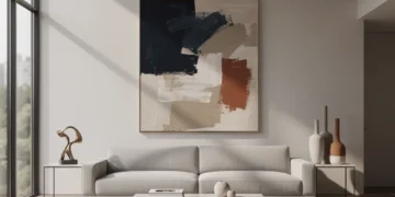 Modern living room with abstract art, curated decor, and natural light