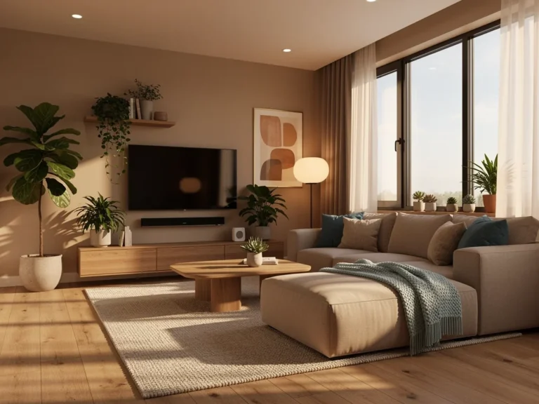 Modern living room with biophilic design and smart tech