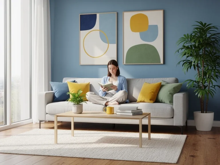 Modern living room with calming blue walls, yellow accents, and green plants, designed for mood and productivity in 2026.