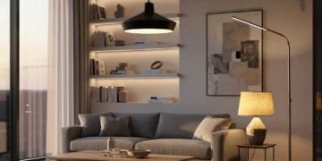 Modern living room with innovative decorative lighting fixtures and natural light