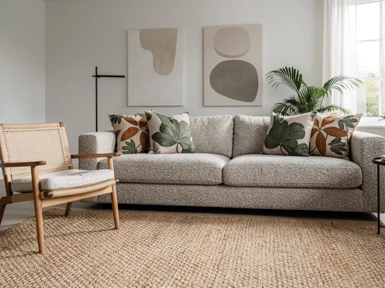 Modern living room with bouclé sofa, botanical print pillows, and natural fiber rug, reflecting 2026 textile trends.