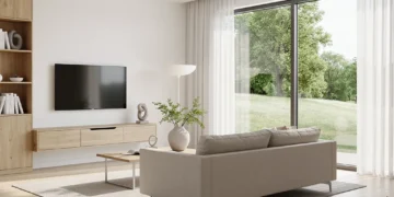Modern minimalist living room with natural light and simple, elegant furnishings