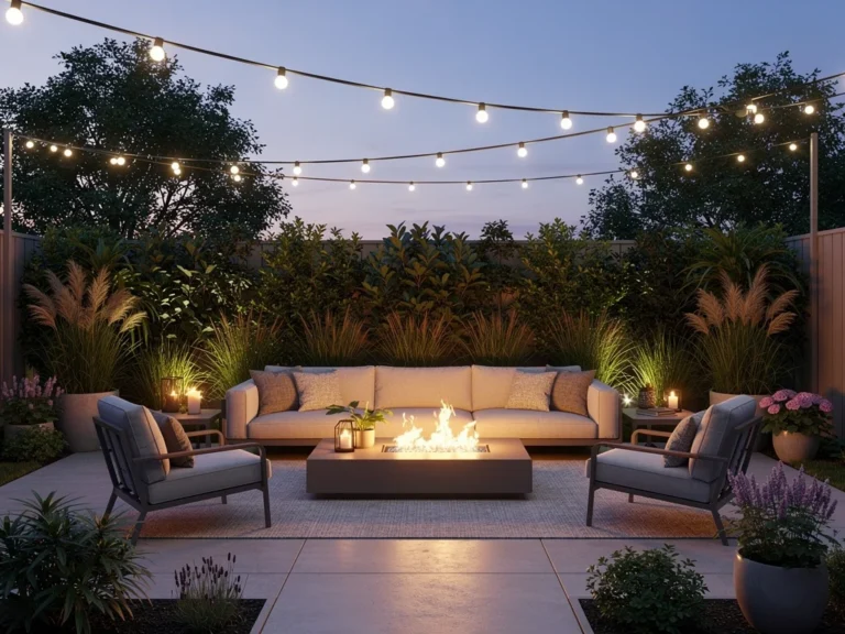 Modern outdoor patio with cozy seating, ambient lighting, and fire pit, perfect for summer evenings.