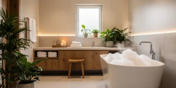 Modern spa-like bathroom with elegant decor and natural elements