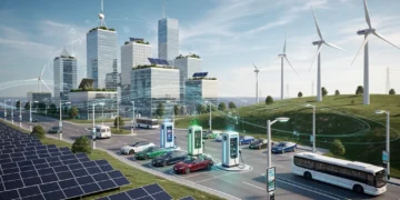 Modern US energy grid with renewables and smart tech