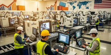 Modern US factory floor with advanced robotics and skilled workers, symbolizing industrial growth.