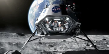 NASA lunar lander approaching moon surface with Earth in background