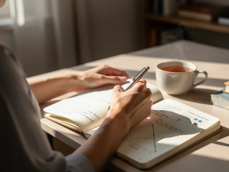 Person journaling, tracking mood with pen and paper