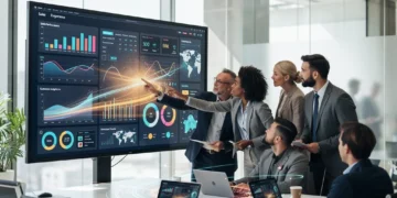 Professionals analyzing Power BI dashboards for data-driven decisions in a modern office setting.