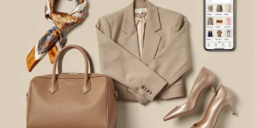 Stylish pre-owned fashion items arranged for sale on a resale platform, featuring a designer handbag and clothing.