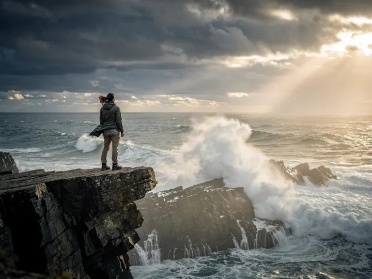 Person standing strong against a stormy backdrop, embodying resilience