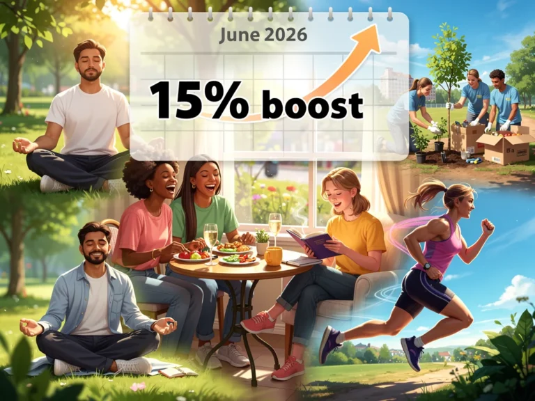 Diverse people practicing mindful activities like meditation, laughing with friends, journaling, exercising, and volunteering, symbolizing a 15% mood boost by June 2026 through the science of happiness.