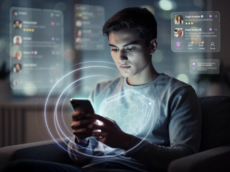 Person interacting with social media, protected by a digital shield, symbolizing mental health safety in 2026.