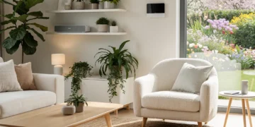 Living room with spring 2026 decor trends featuring biophilic design, smart tech, and minimalist style