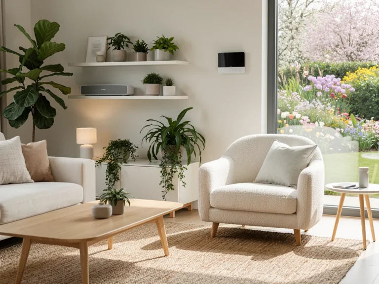 Living room with spring 2026 decor trends featuring biophilic design, smart tech, and minimalist style