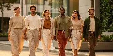 Models showcasing sustainable fashion in an urban setting, highlighting eco-friendly clothing and ethical style trends for 2026.