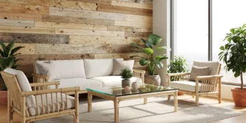 Modern living room with bamboo furniture, recycled glass table, cork floor, and reclaimed wood accent, epitomizing sustainable home decor.