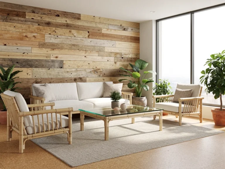 Modern living room with bamboo furniture, recycled glass table, cork floor, and reclaimed wood accent, epitomizing sustainable home decor.
