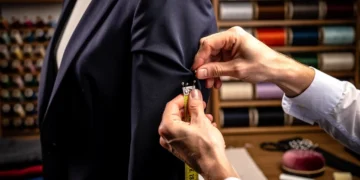 Tailor adjusting blazer sleeve with pins and measuring tape, showcasing precision.