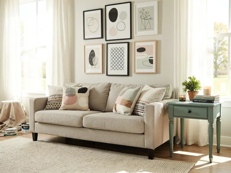 Transformed living room with budget-friendly DIY decor projects