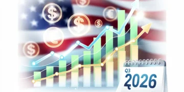 Abstract visual of strong US economic growth with upward trends and financial symbols for Q3 2026.