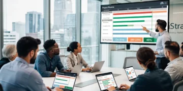 Professionals collaborating on project management in a modern US office