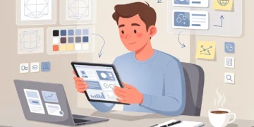 Illustration of a designer working on a UX/UI project, showcasing creativity and digital tools.