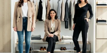 Woman demonstrating diverse outfits from a versatile capsule wardrobe