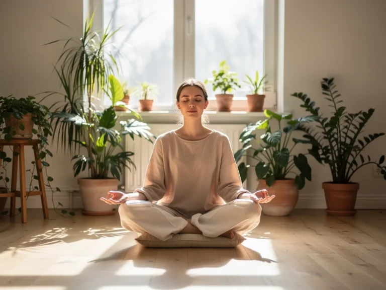 Serene woman meditating by a window for self-care in 2026